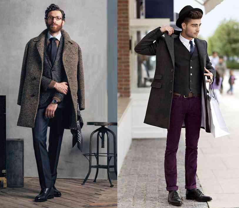 粗毛呢大衣搭配三件式西裝套裝