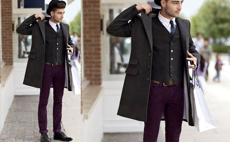 黑色大衣搭配單排釦西裝背心