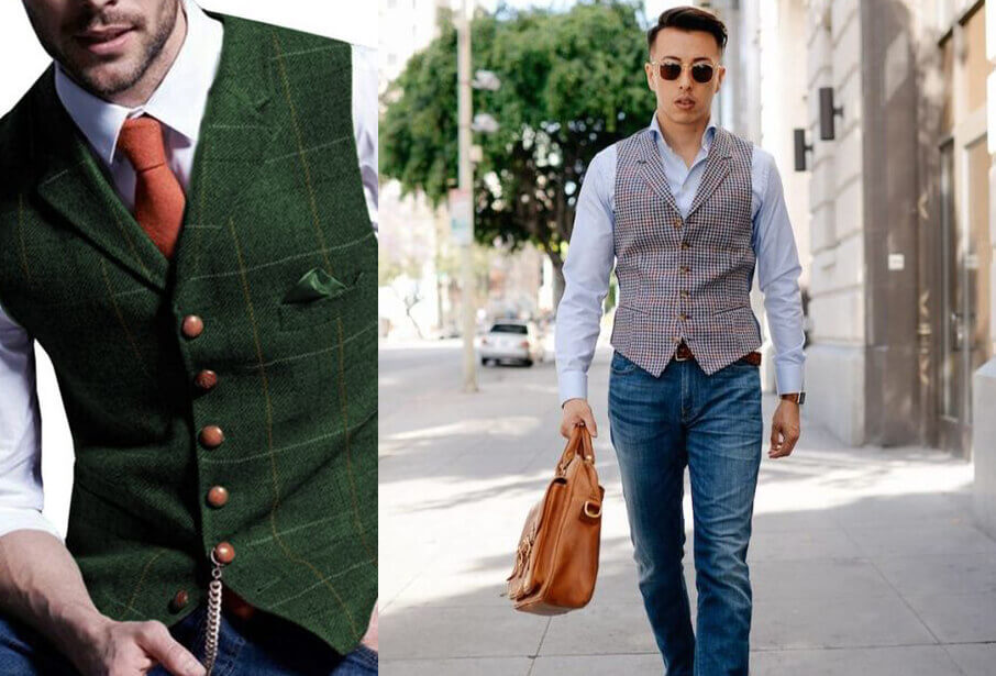 身穿綠色單排扣有領型西裝背心及米色格子條紋