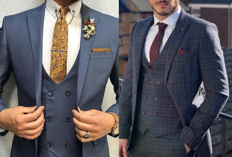 灰藍色及灰色格紋雙排釦背心三件式西裝