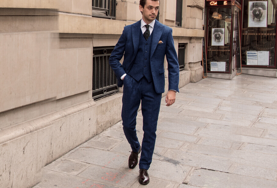 深藍色單排釦背心三件式西裝