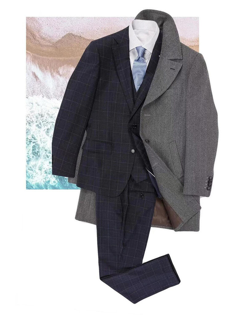 灰色大衣搭配深藍色西裝套裝