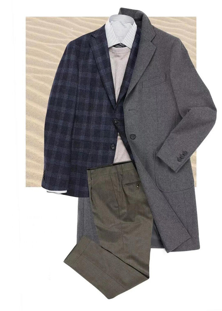 黑色格紋西裝搭配灰色大衣