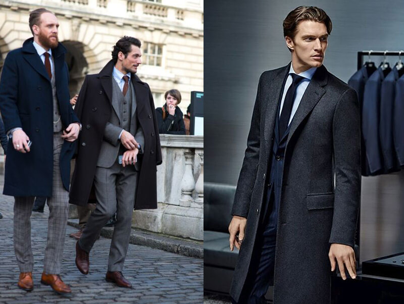 3位男士深著深色大衣，搭配西裝套裝