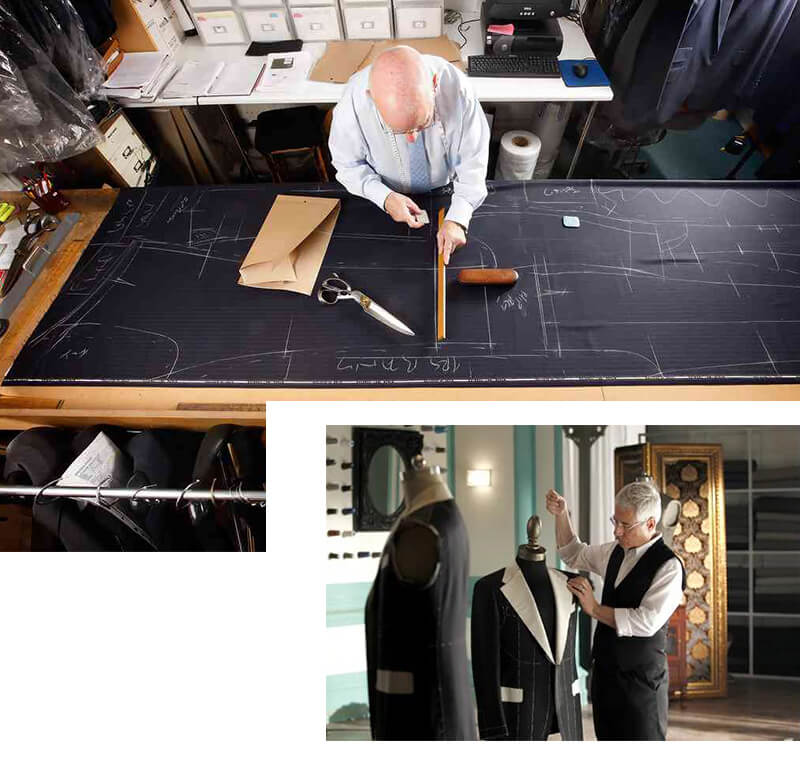 西裝師傅繪製西裝版型及縫製半成品 