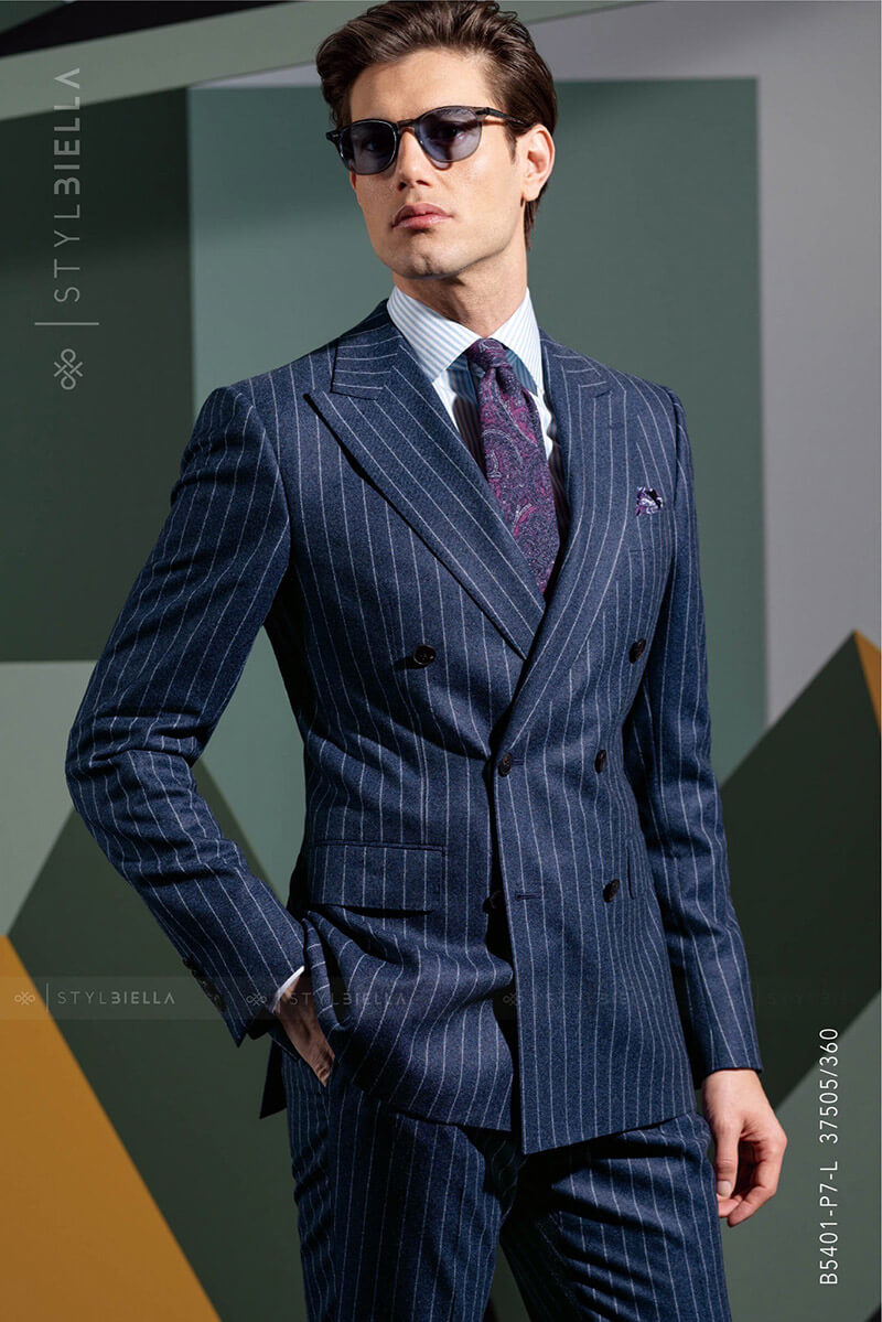 深藍條紋法蘭绒西服