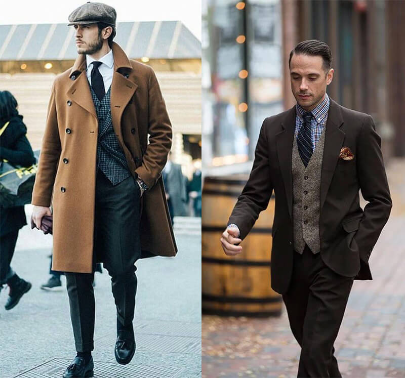 駝色大衣搭配細格紋西裝背心，咖啡色短大衣搭配淺駝色毛呢背心