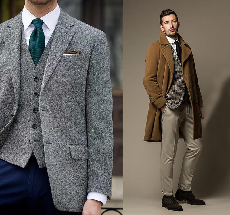 淺灰色毛呢背心三件式西裝，駝色西裝大衣搭配細格紋西裝套裝