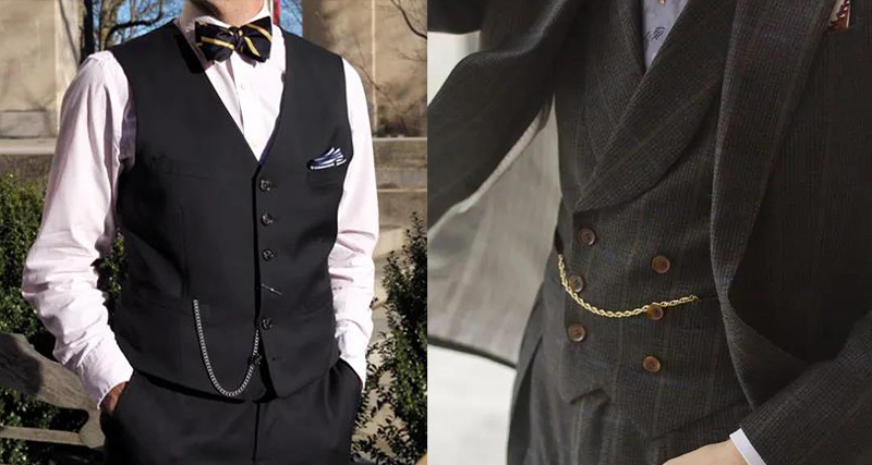 黑色短版西裝背心，灰色條紋雙排釦西裝背心