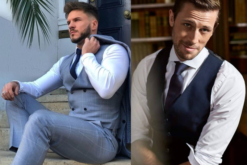 淺灰色格紋西裝背心，藏青色素色西裝背心