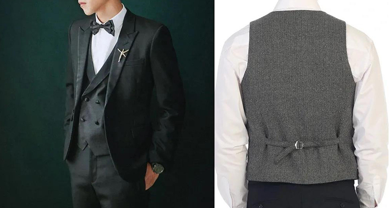 黑色有領背心三件式西裝，灰色西裝背心後面扣環