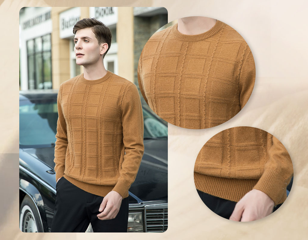 土黃色的圓領羊絨衫細節照