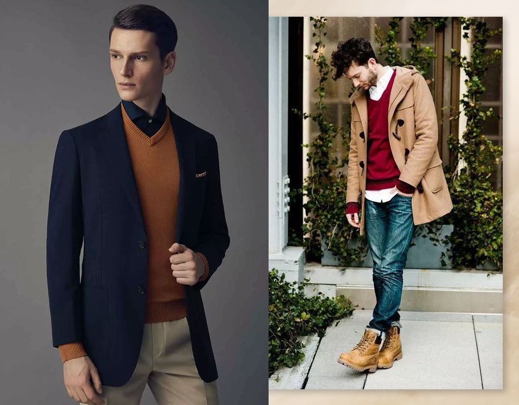 時尚型人穿上V領羊絨衫