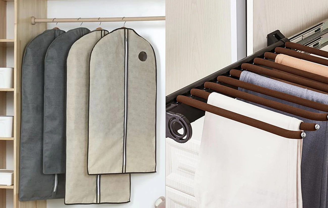 多套用防塵套收納的西裝及吊掛的西裝褲