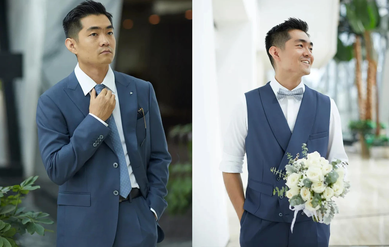 穿著藍色西裝的新郎