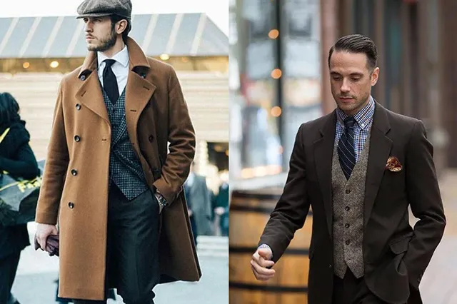 大衣搭配西裝背心穿搭照