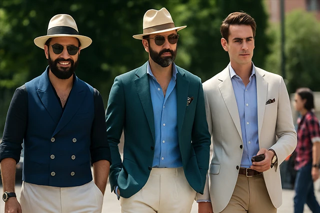 男士夏日休閒西裝穿搭示範-淺藍色與亮橘色亞麻西裝外套-度假風紳士造型