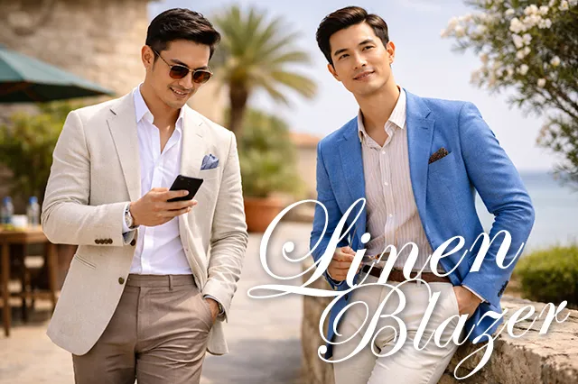 兩位男士穿著米色與藍色亞麻西裝外套，呈現春夏輕盈透氣的紳士休閒穿搭風格