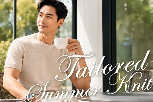 力群男士西服訂製的淺卡其色針織短袖 POLO 衫，展現夏季休閒優雅紳士風格。