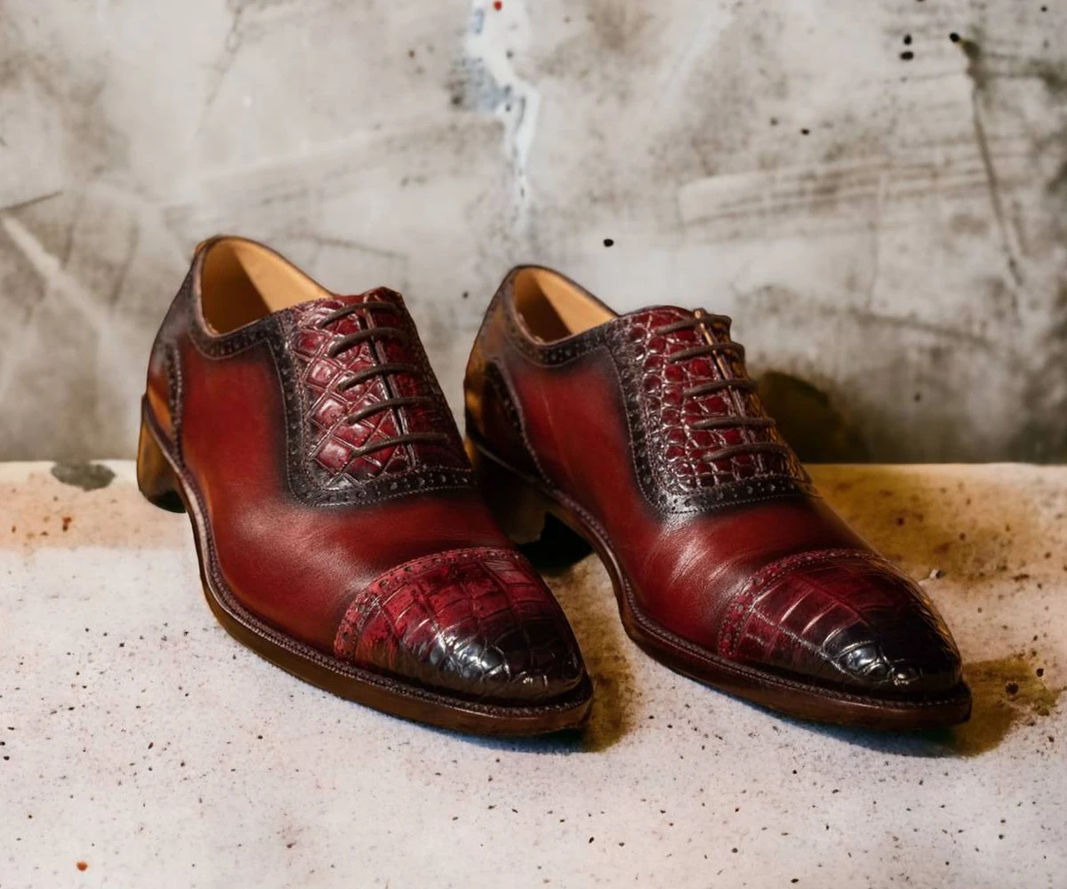 Patina古法染色鱷魚皮料拼接牛津鞋