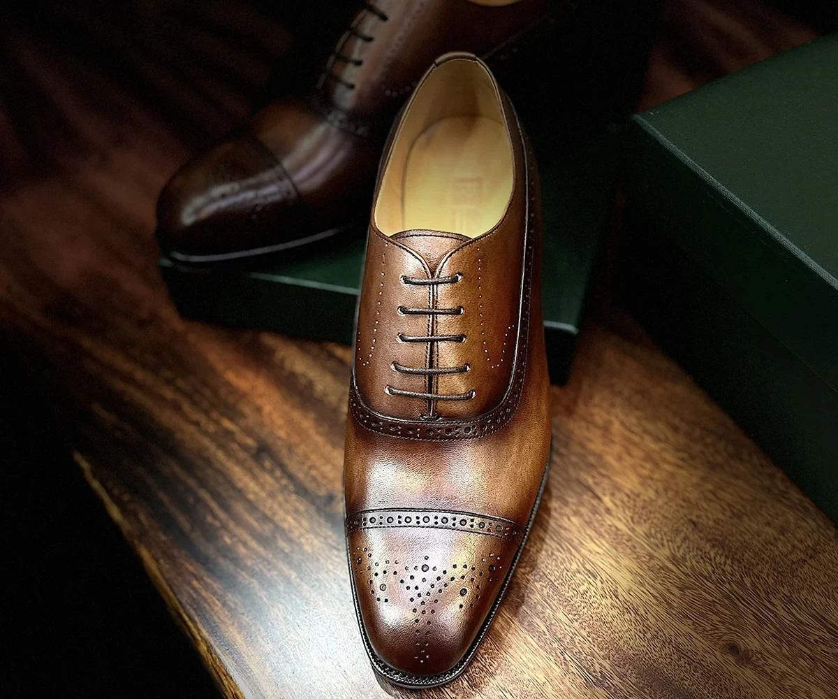 手工鞋-焦糖可可Patina布洛克牛津雕花鞋